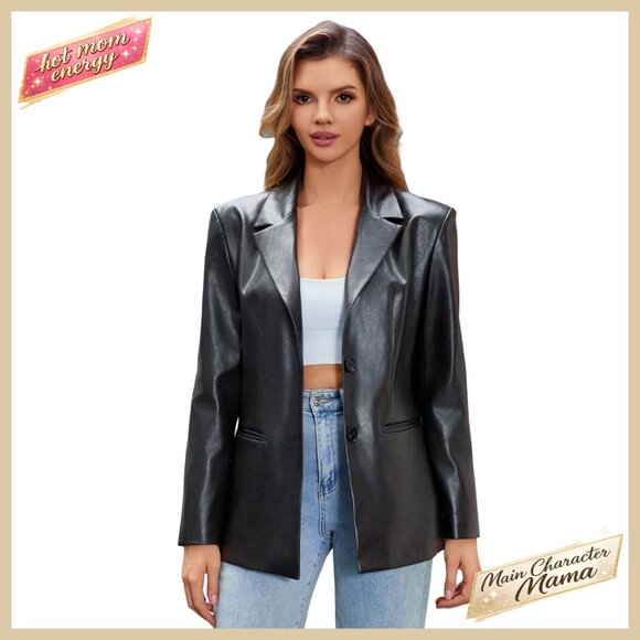 Faux Leather Blazer Jacket Oversized Lapel Button Down Slim Fit